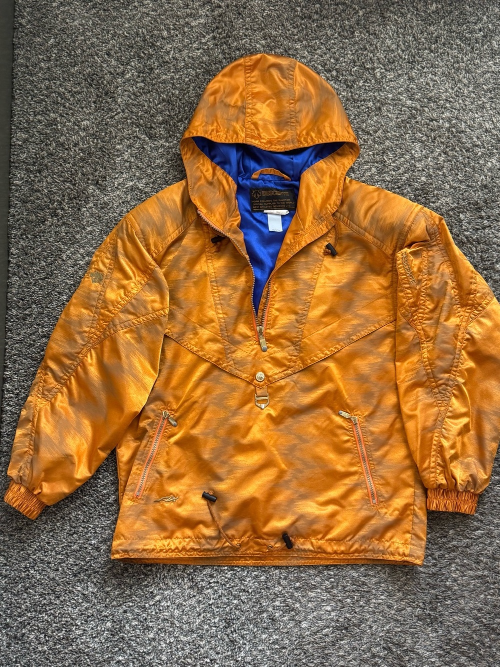 DESCENTE Gold Shimmer Hooded Anorak Jacket with Blue Lining 💛 Vintage